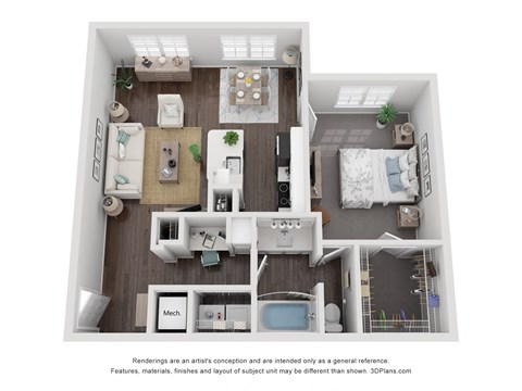 Floor plan for 1 bed, 1 bath, 833 sqft